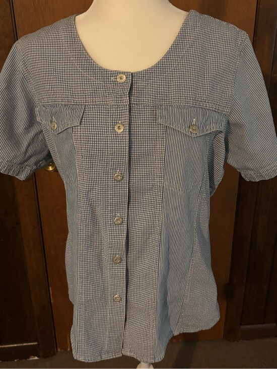 Stefano Internationa Tops - Vintage Blue tiny checked , Button-Front Women’s Top